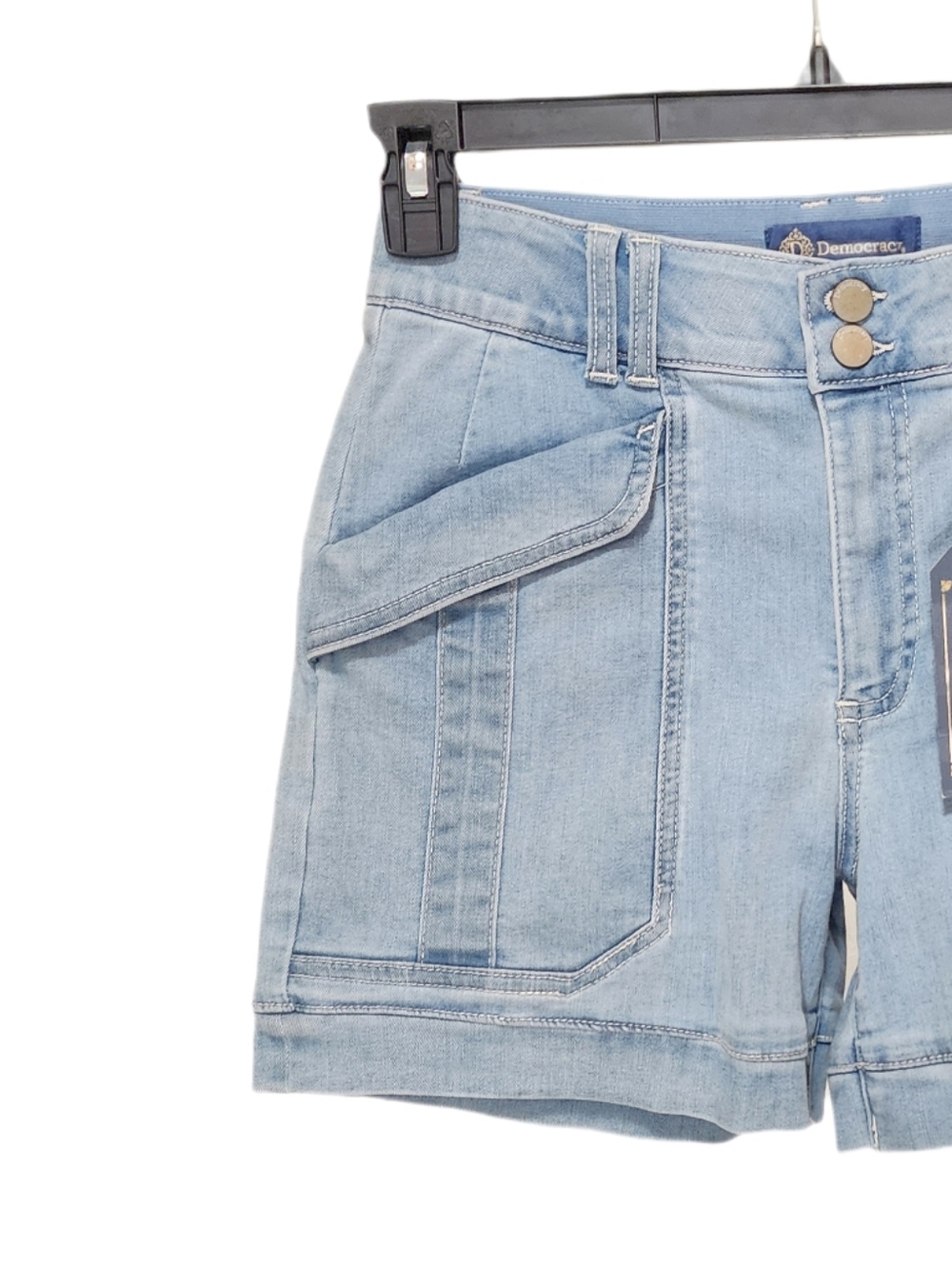 Democracy 4.5" Denim Utility Shorts Stretch High Rise Ab Solution Light Blue 4 - Picture 7 of 9